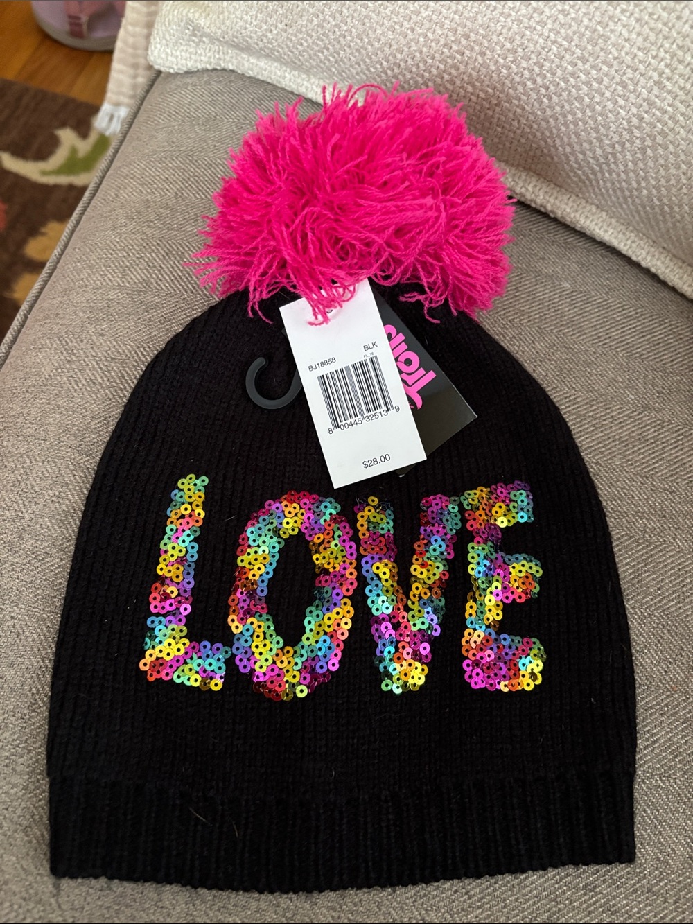 Kids Trolls Black Knit Betsey Johnson Sequin LOVE Beanie NWT